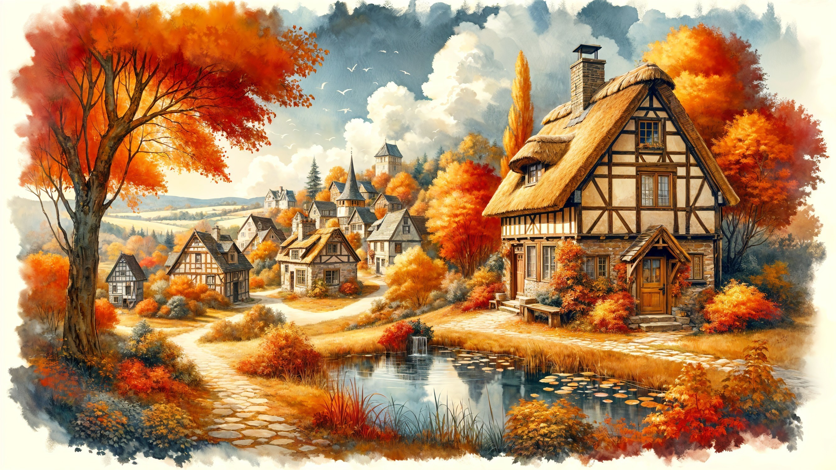 Autumn Village with Thatched Cottages and Foliage