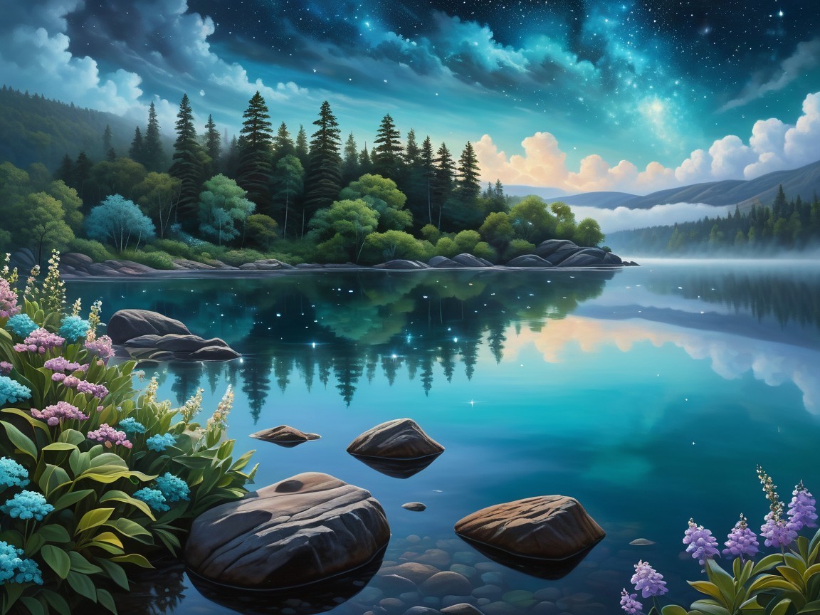 Tranquil Lake with Twilight Sky and Lush Surroundings
