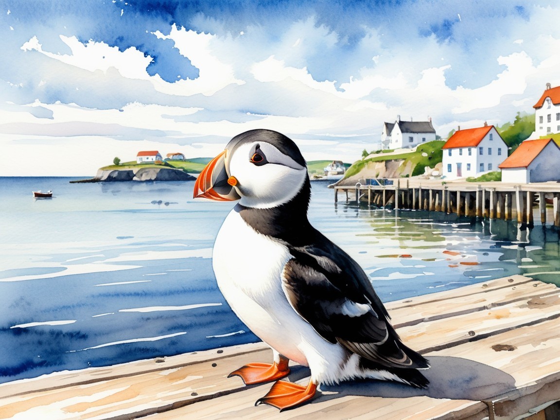 Colorful Puffin on Pier with Scenic Harbor View