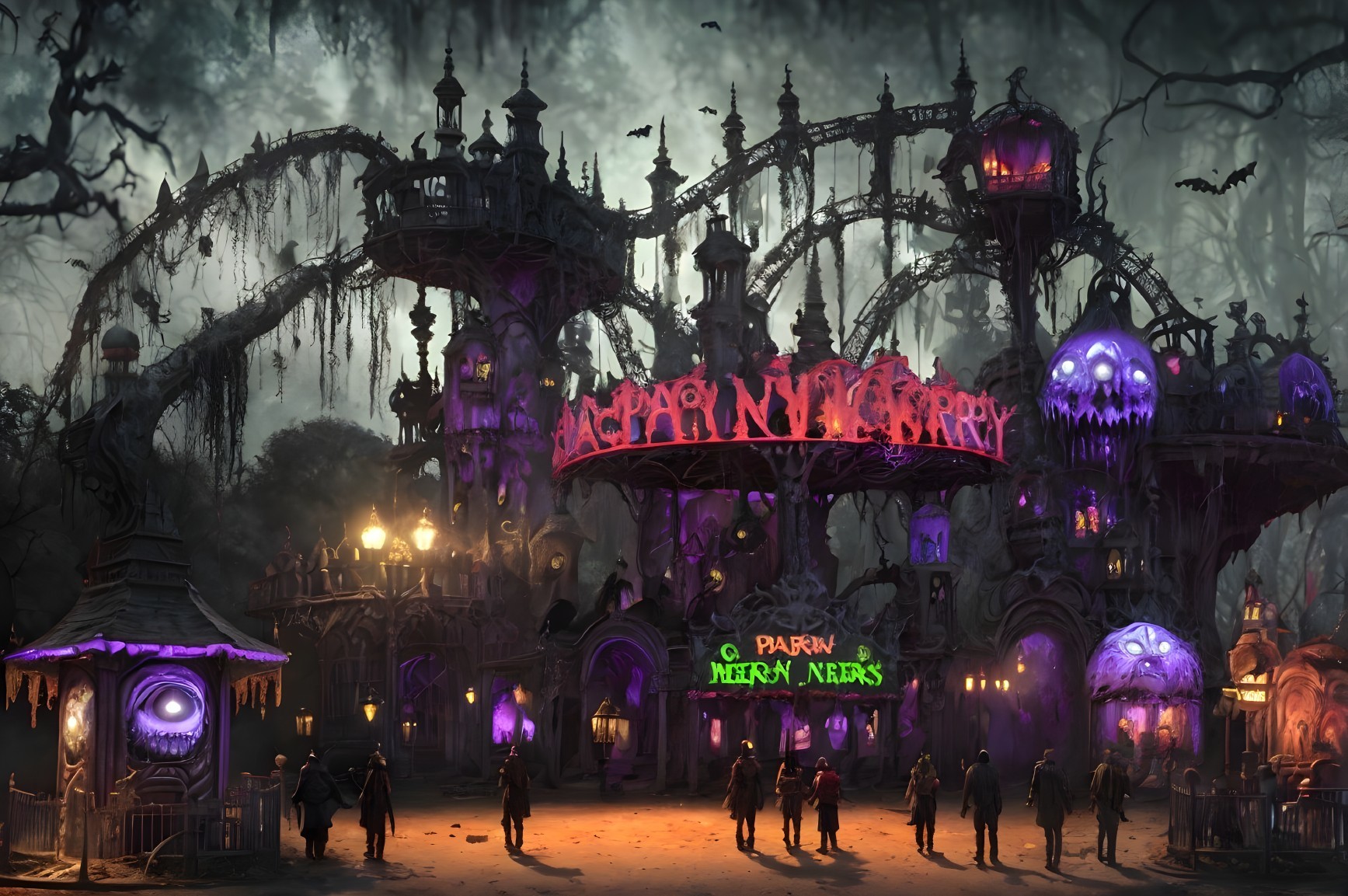 Spooky Theme Park with Eerie Decorations and Lights
