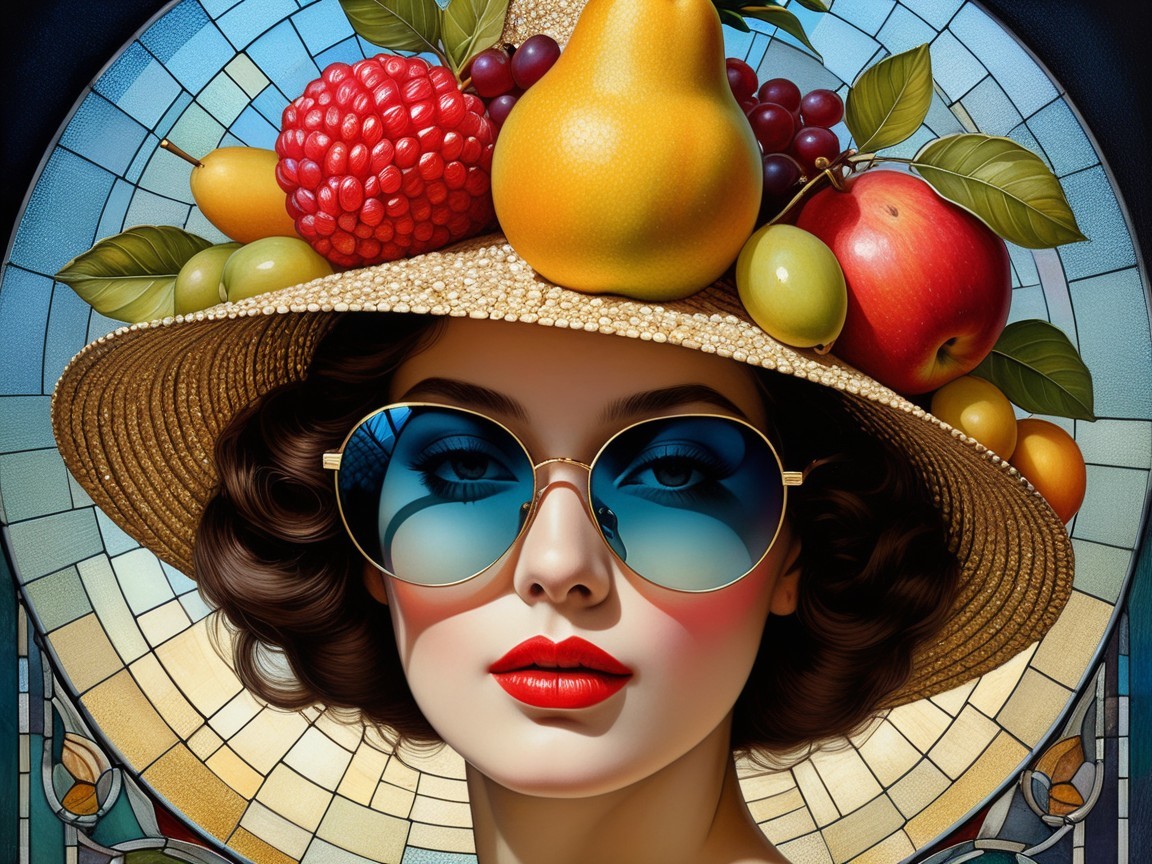 Young Woman in Colorful Hat with Stained Glass Background
