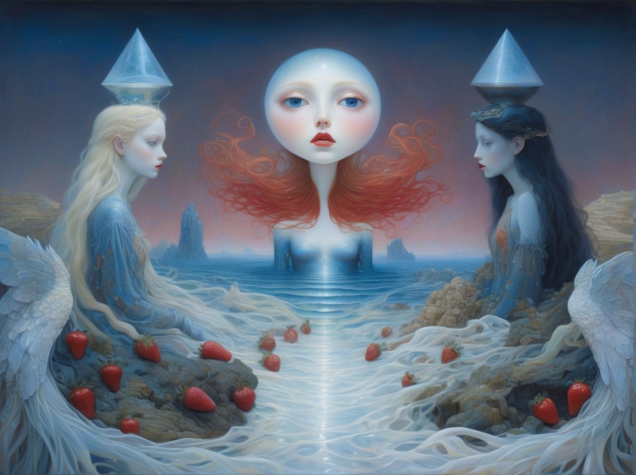 Dreamlike Painting of Women in Water with Blue Tones