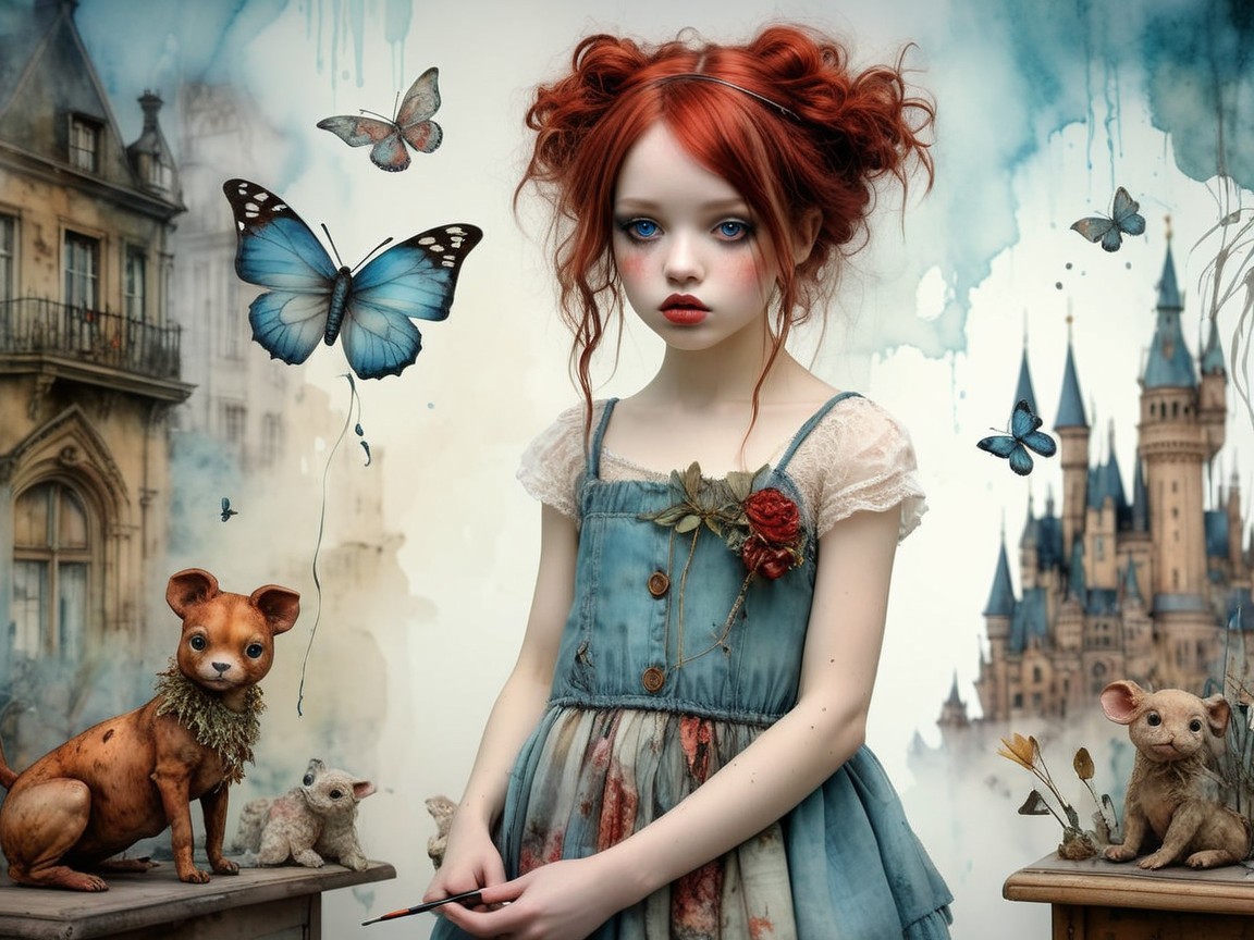 Young girl with red hair in a whimsical setting