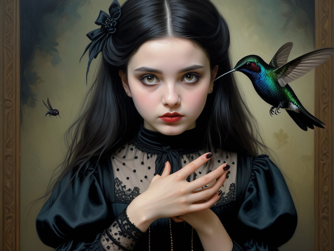 Young girl in Victorian dress with hummingbird companion