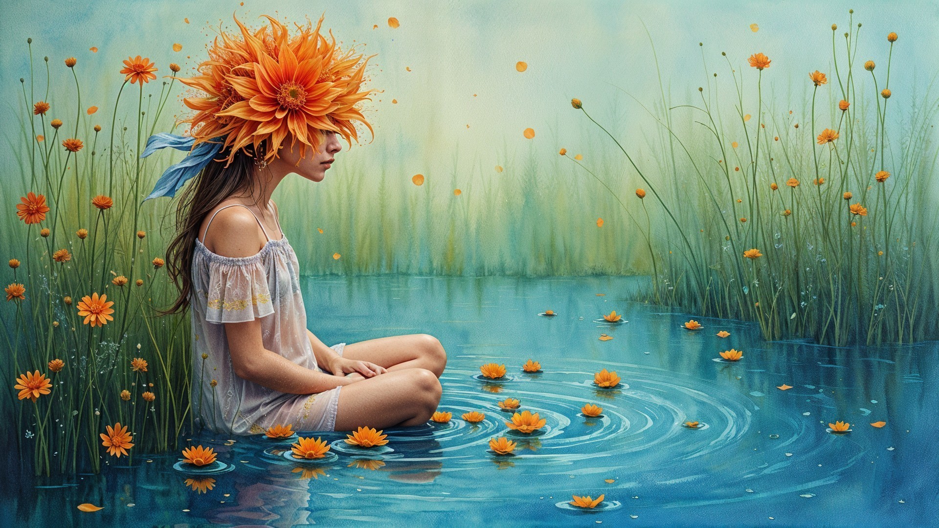 Girl in a tranquil pond with vibrant orange flowers