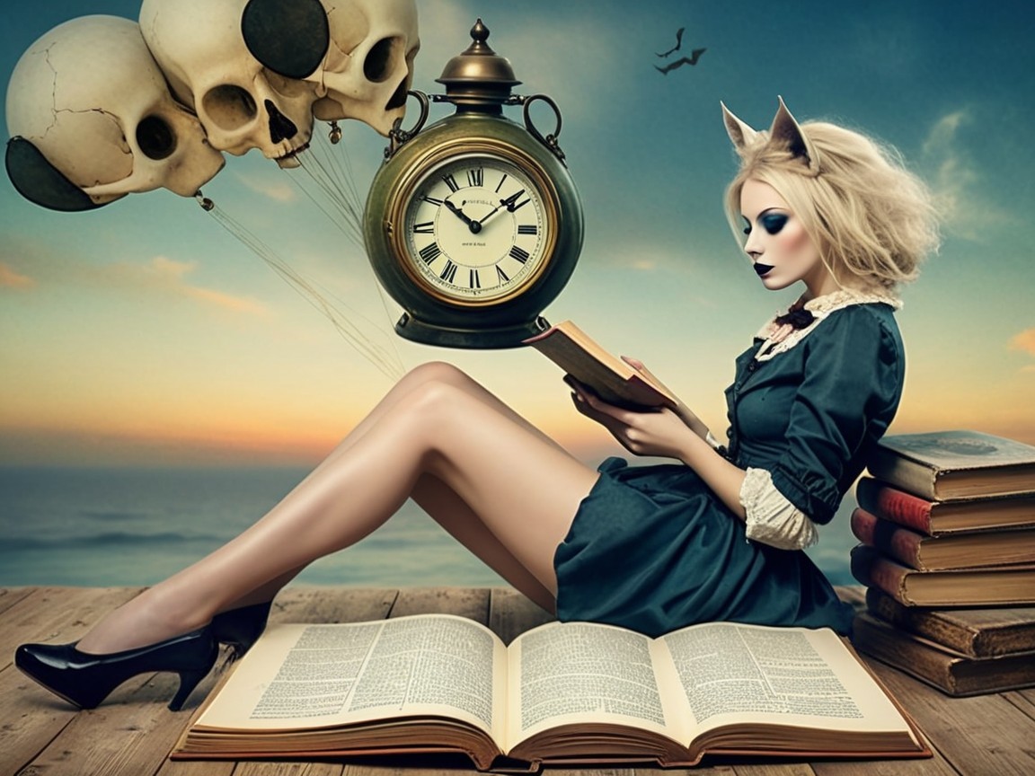 Whimsical Scene of Young Woman Reading by the Sea