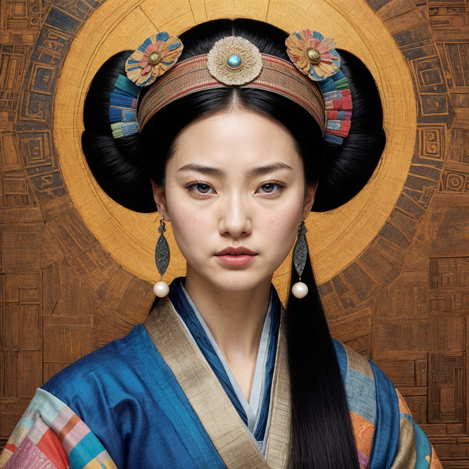 Traditional Woman in Blue Kimono with Floral Headdress