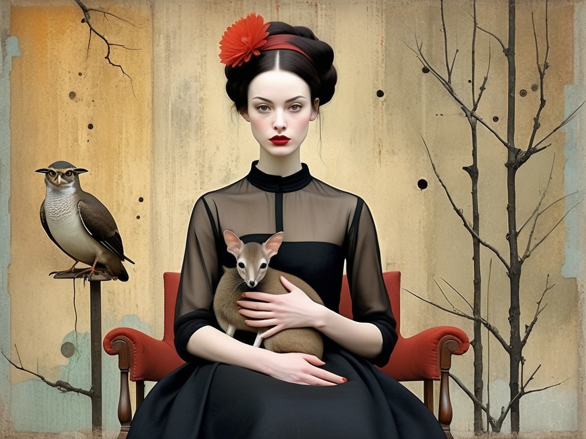 Elegant Woman with Owl and Small Animal