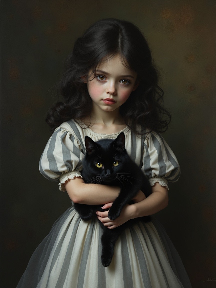 Young girl in vintage dress with black cat portrait