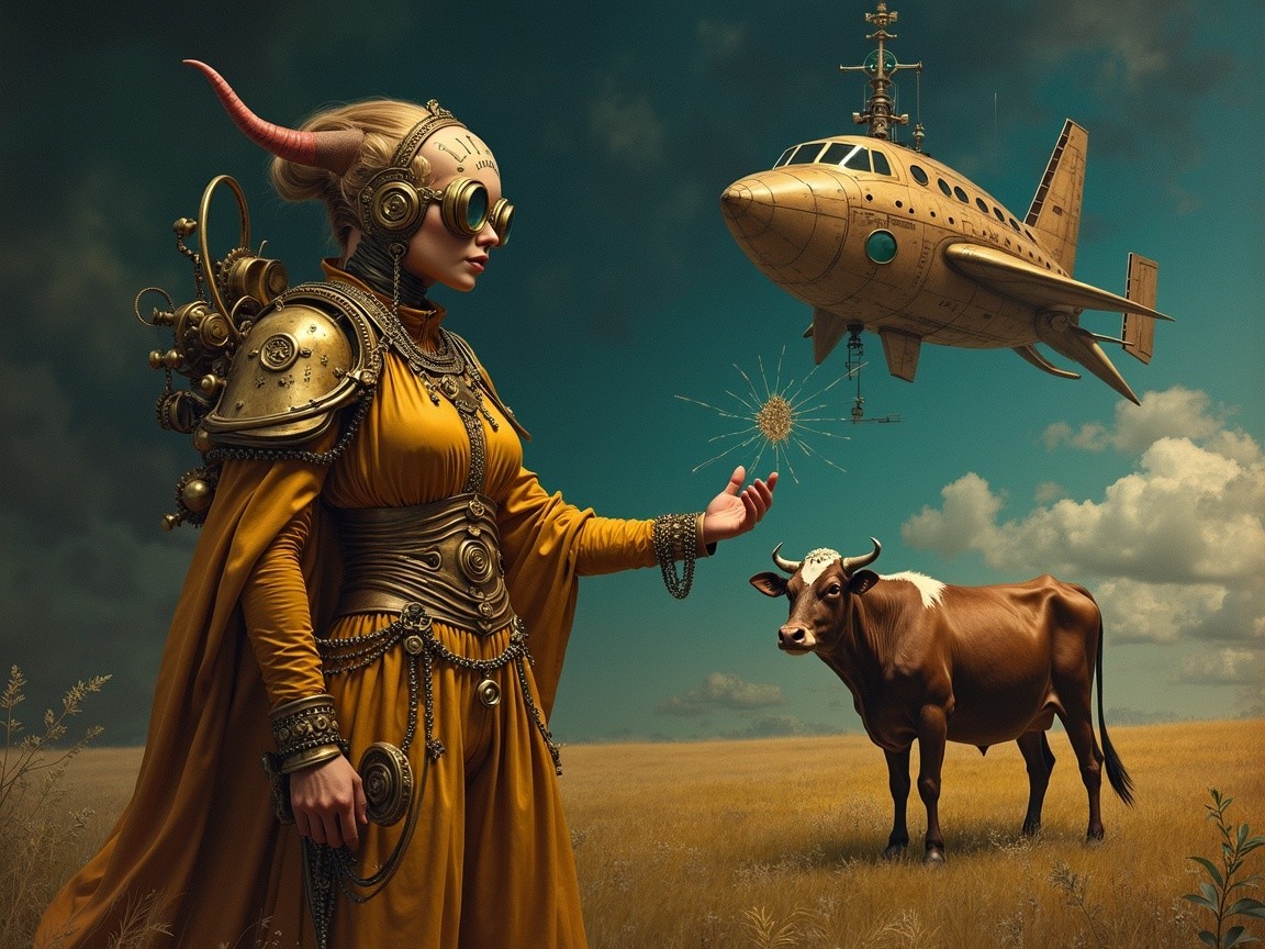 Woman in Golden Attire with Horns in Surreal Landscape