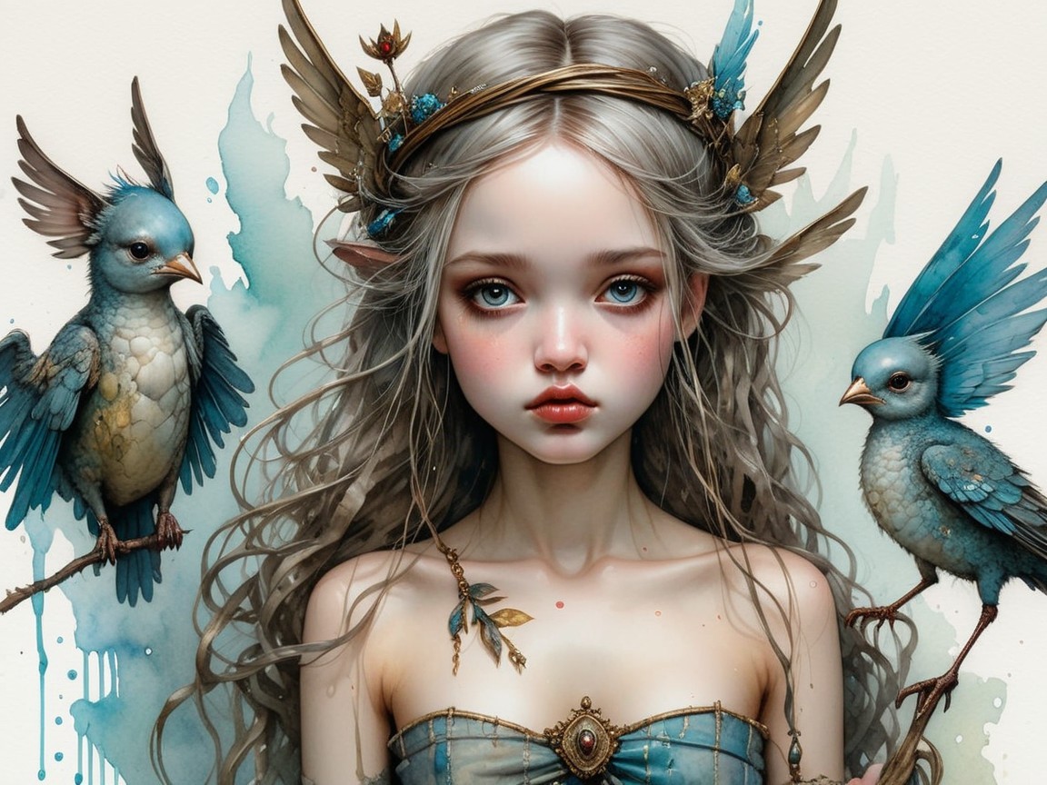 Mystical girl with silver hair and blue birds in art