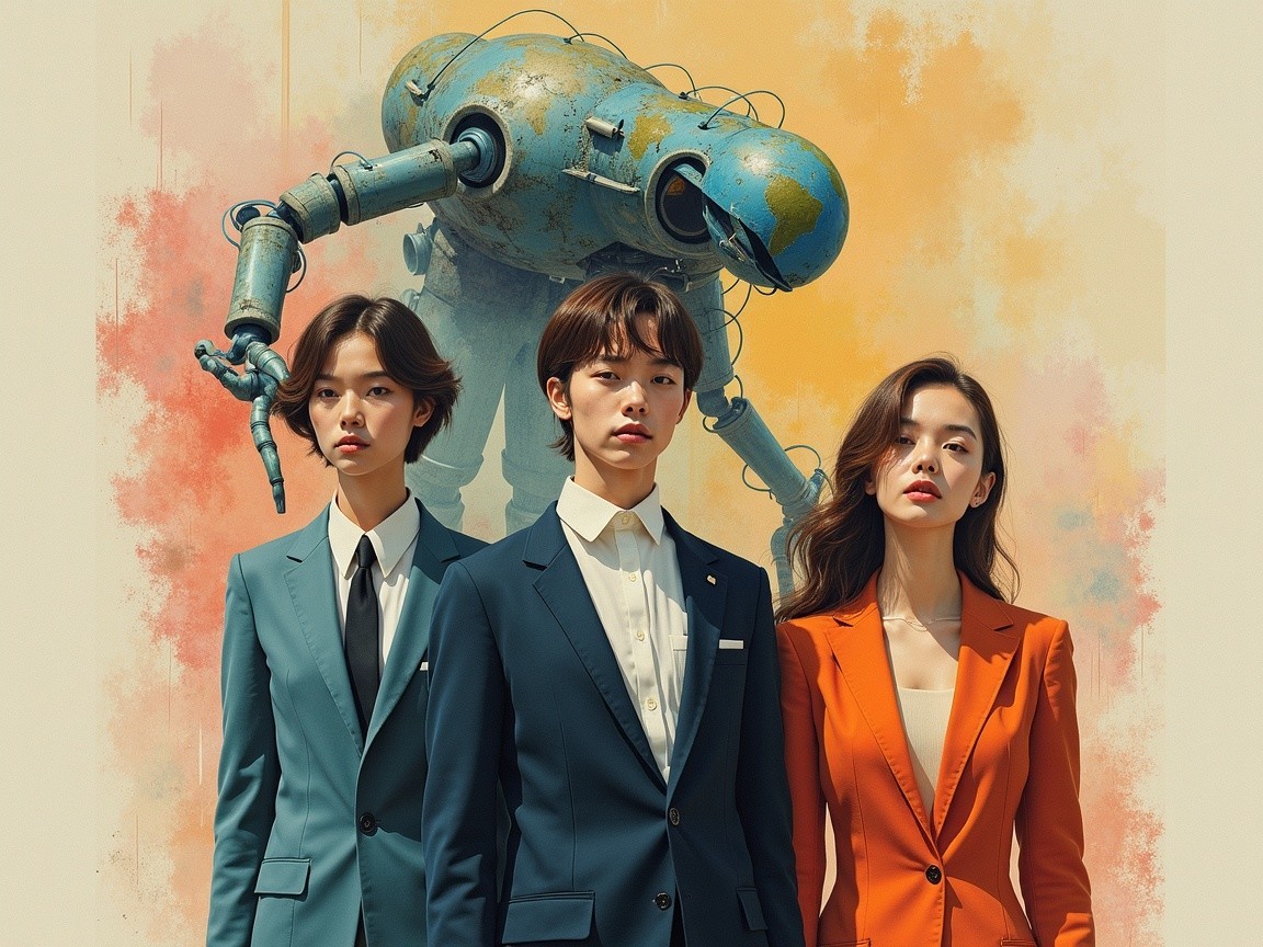 Three Individuals in Stylish Suits with Futuristic Robot
