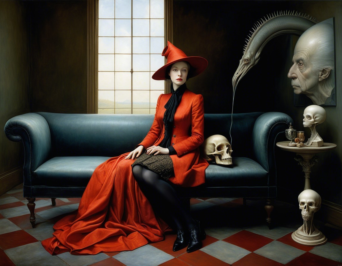 Woman in Red Coat Surrounded by Eerie Elements