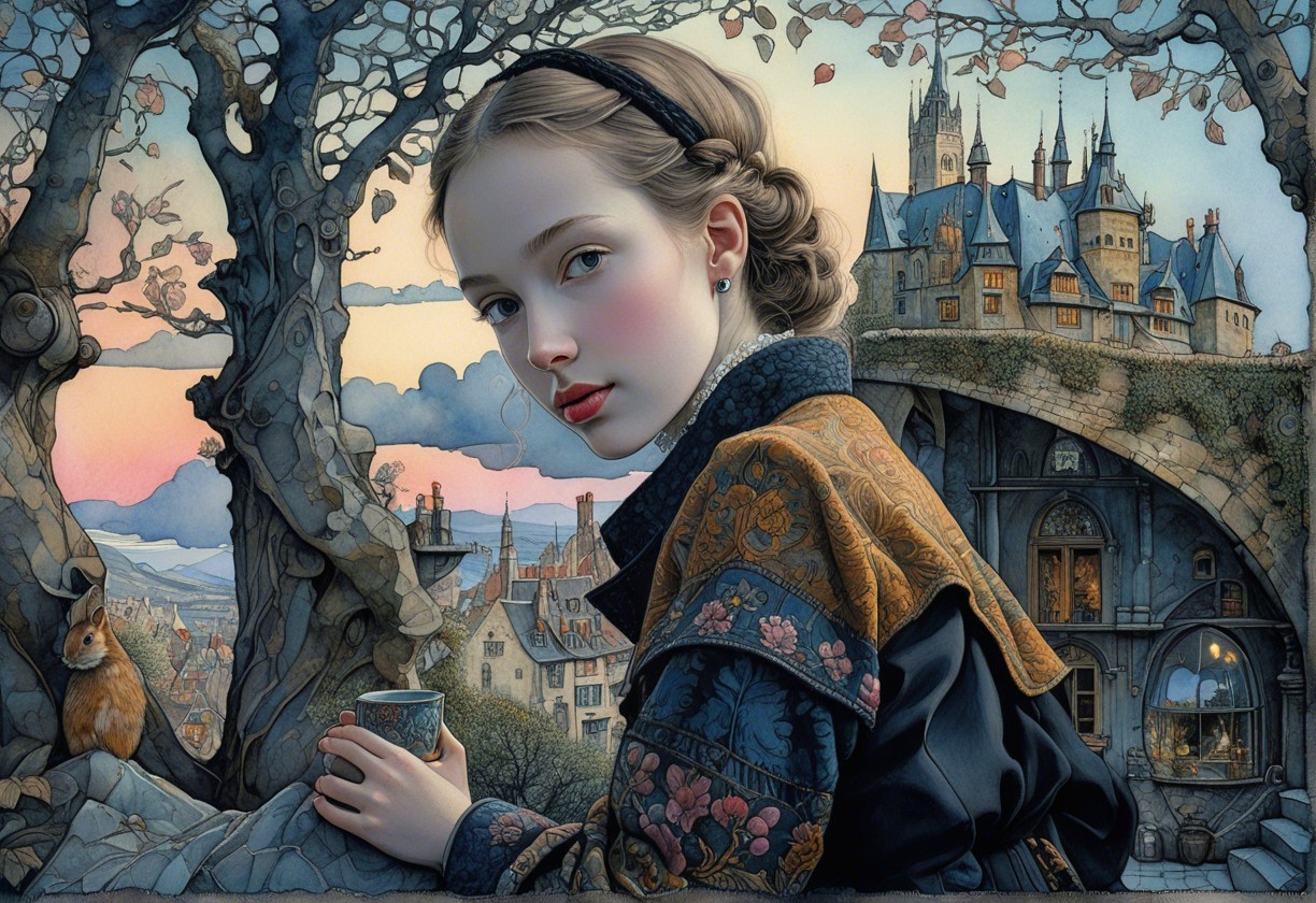 Young girl in elegant coat with whimsical landscape
