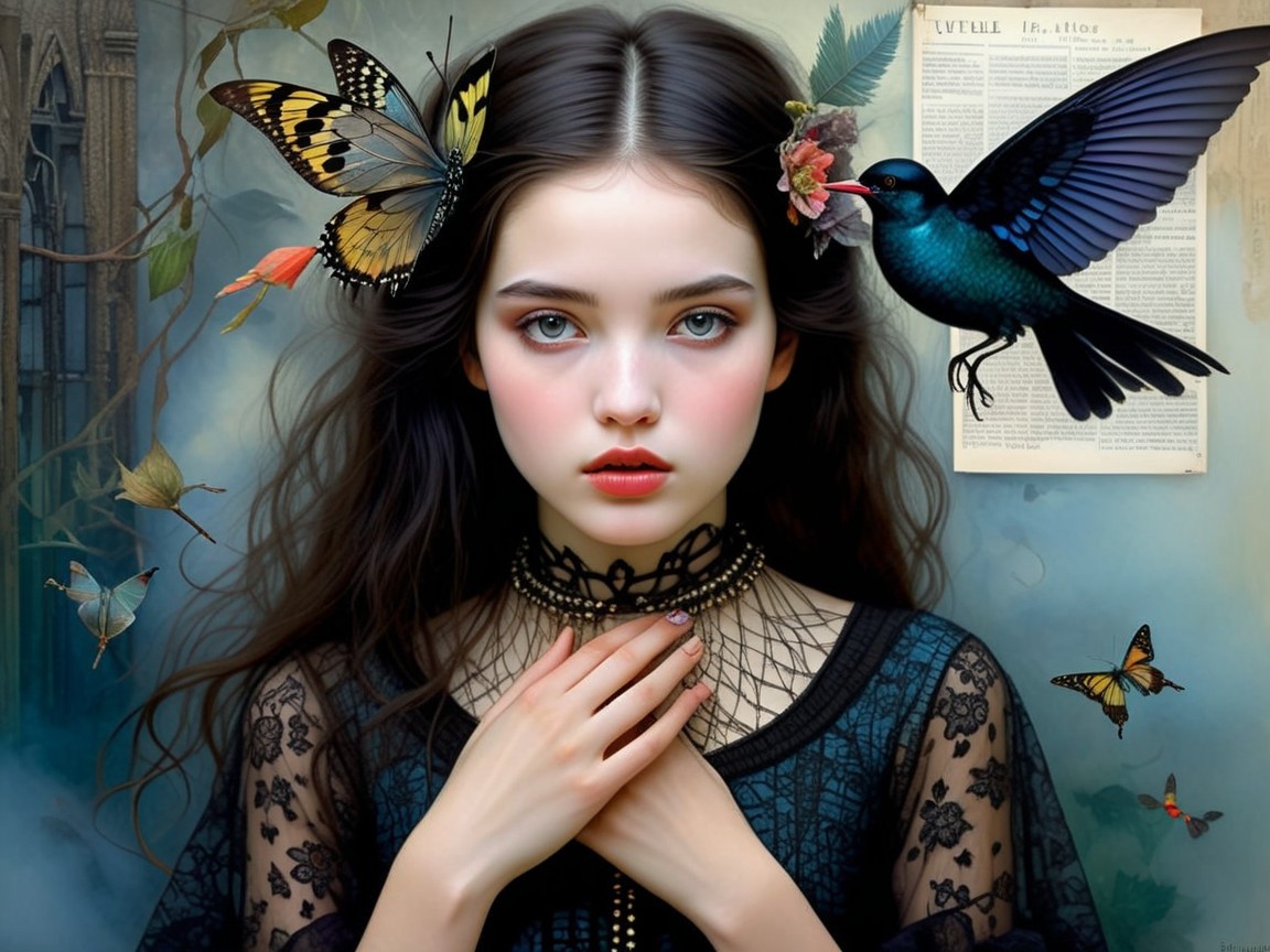 Young woman with butterflies in a dreamlike setting