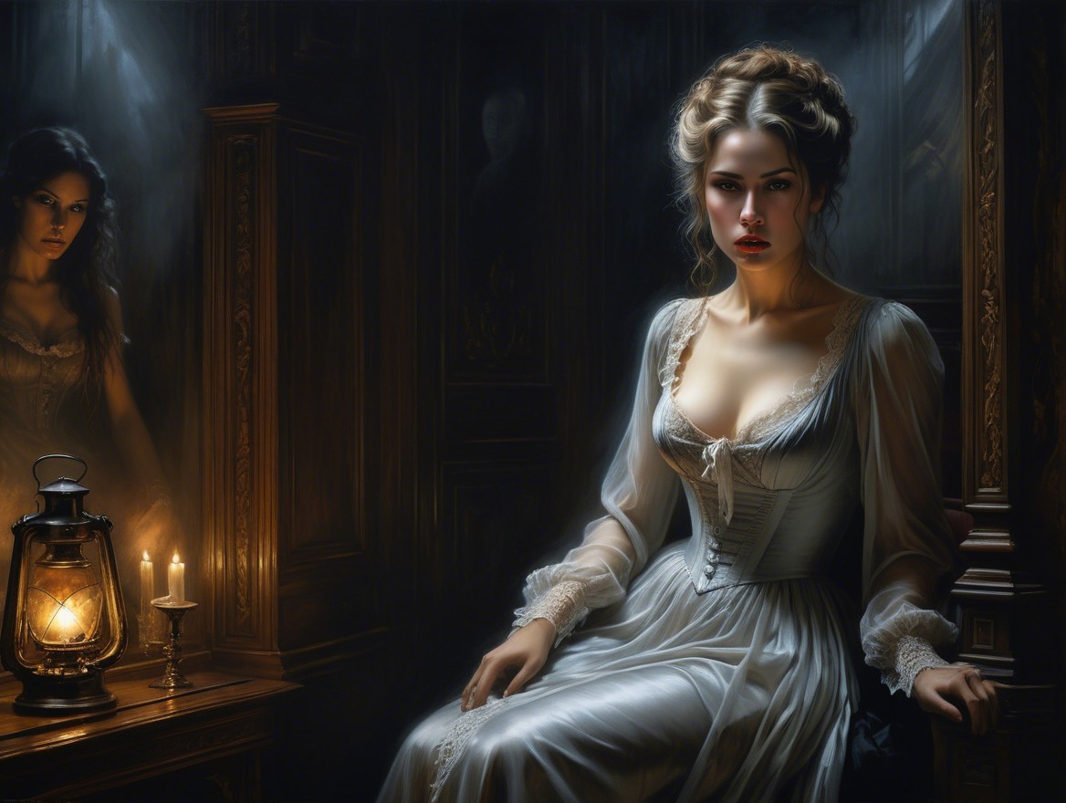 Young woman in pale gown in dimly lit room