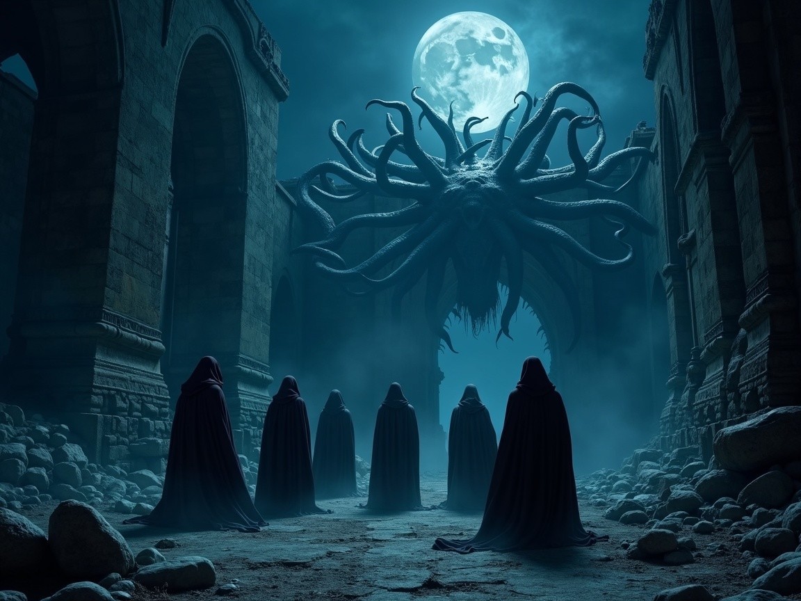 Cloaked Figures and Tentacled Creature in Dark Setting