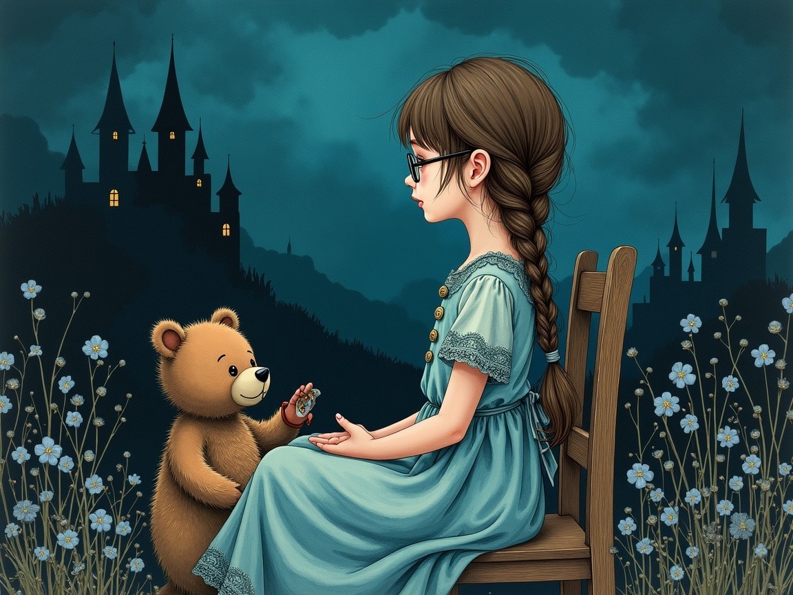 Young Girl with Teddy Bear in Twilight Scene