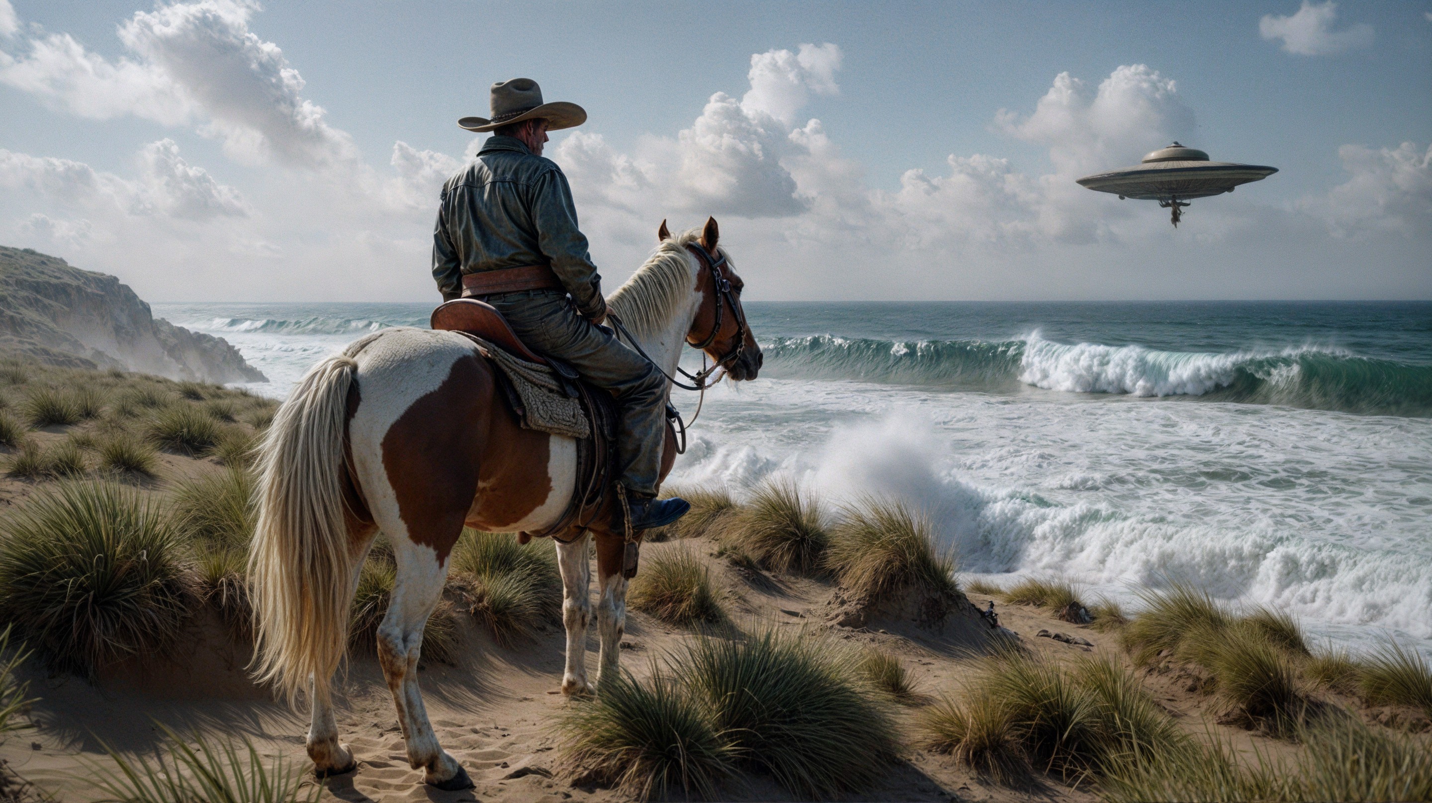 Cowboy on Beach with Futuristic Spaceship Above Ocean