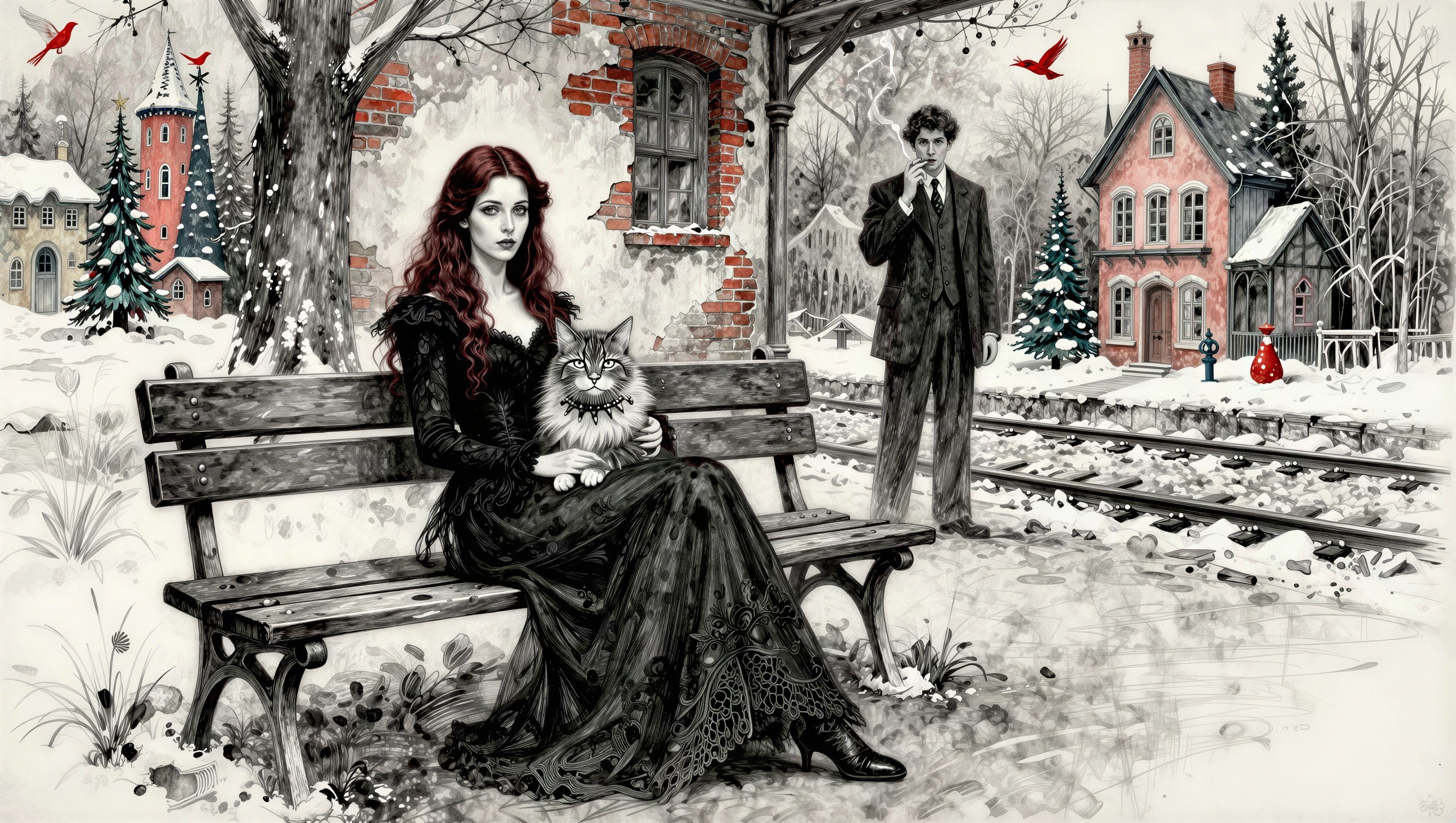 Winter Scene with Woman, Cat, and Colorful Details