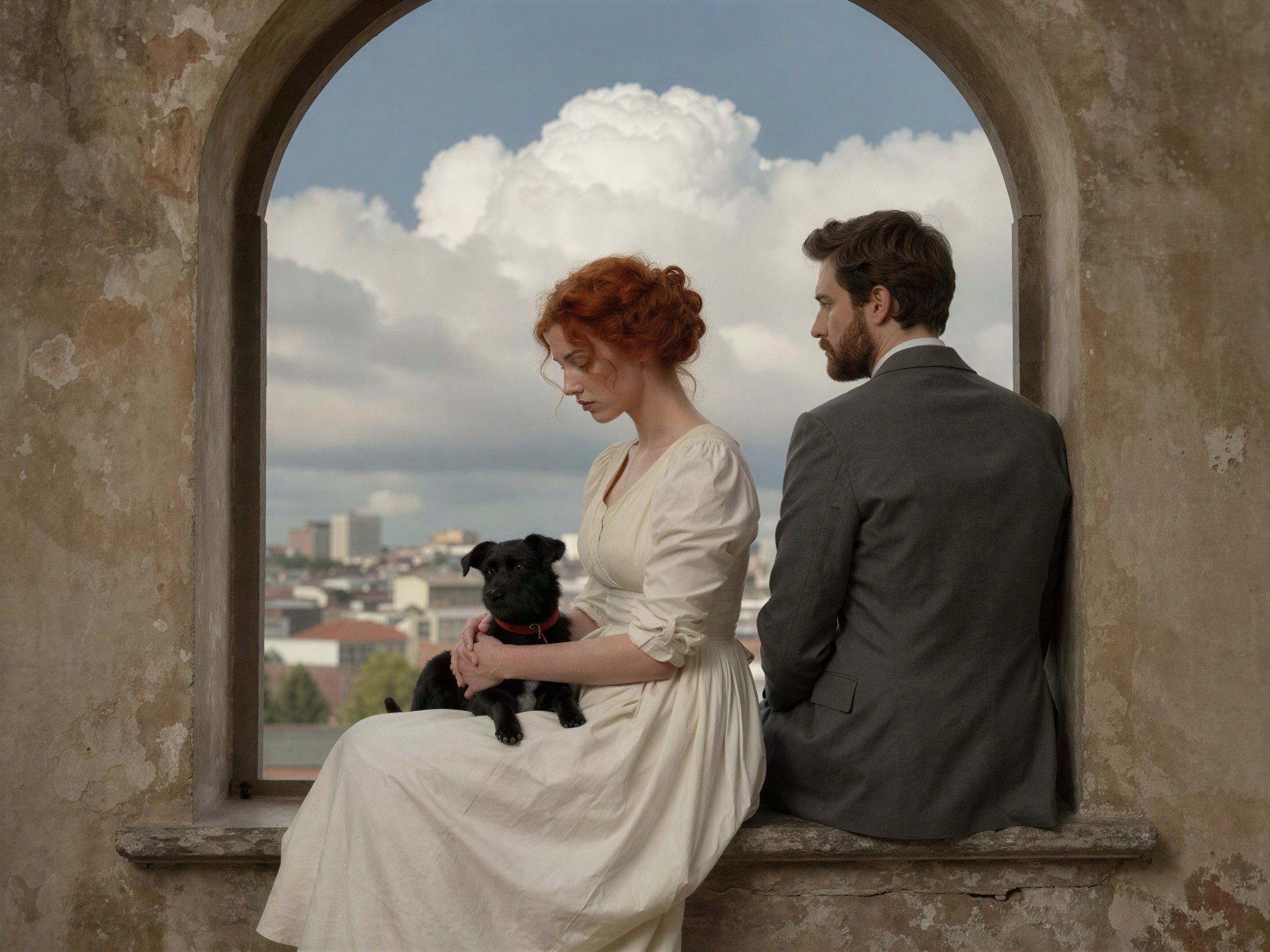 Worn Stone Ledge with Young Couple and Black Dog