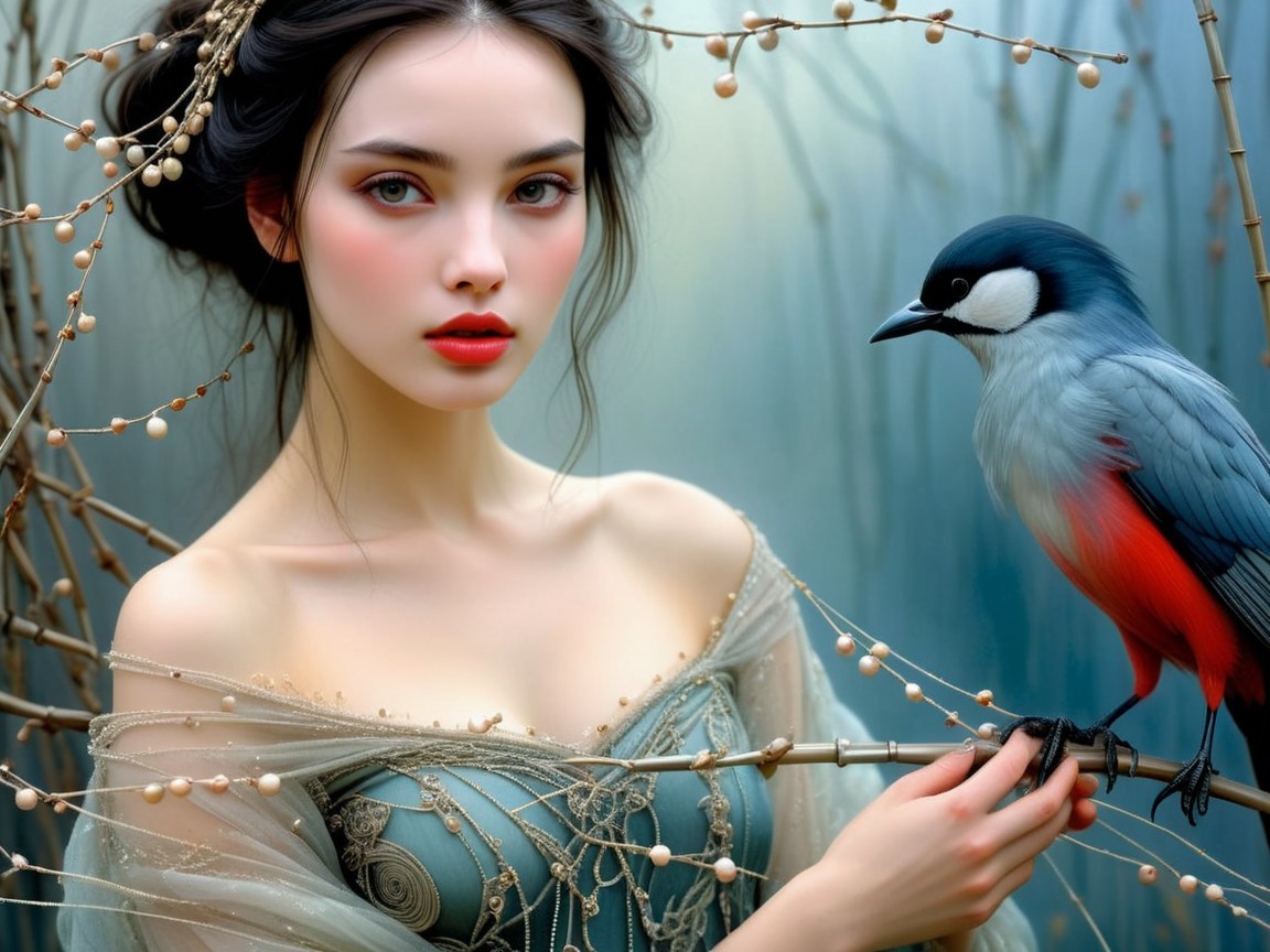 Young Woman with Colorful Bird in Dreamlike Forest