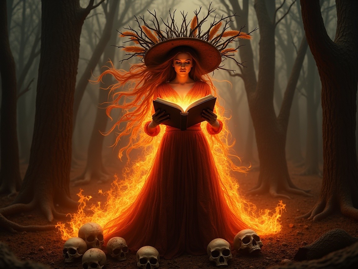 Sorceress in a Foggy Forest with Flames and Skulls