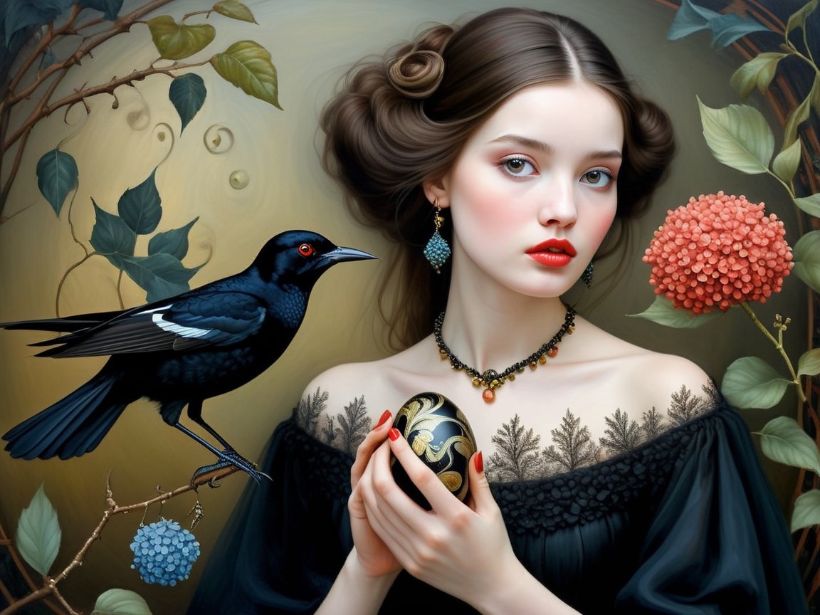 Portrait of a Young Woman with Black Dress and Egg