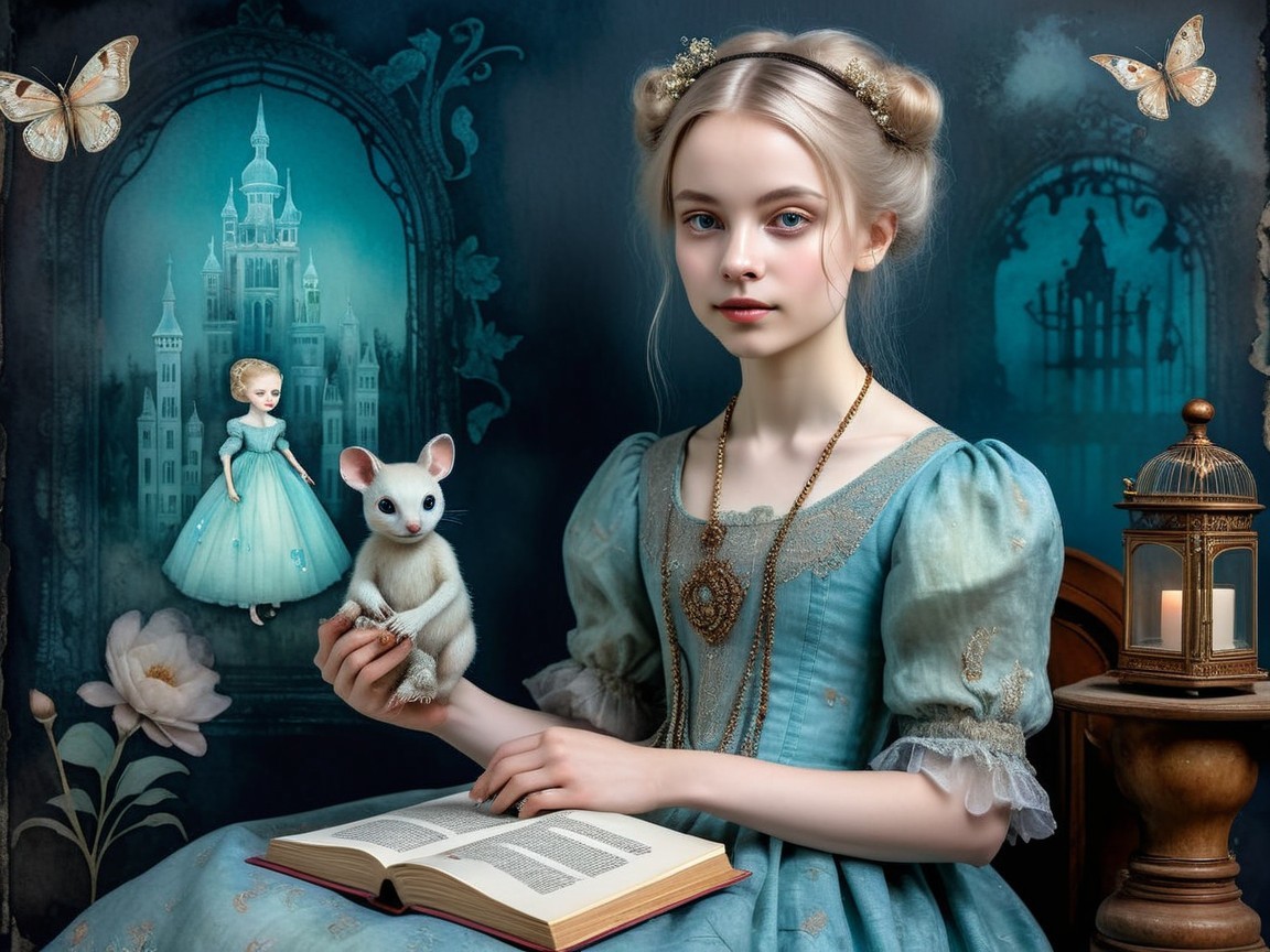 Young girl in blue dress with book and doll