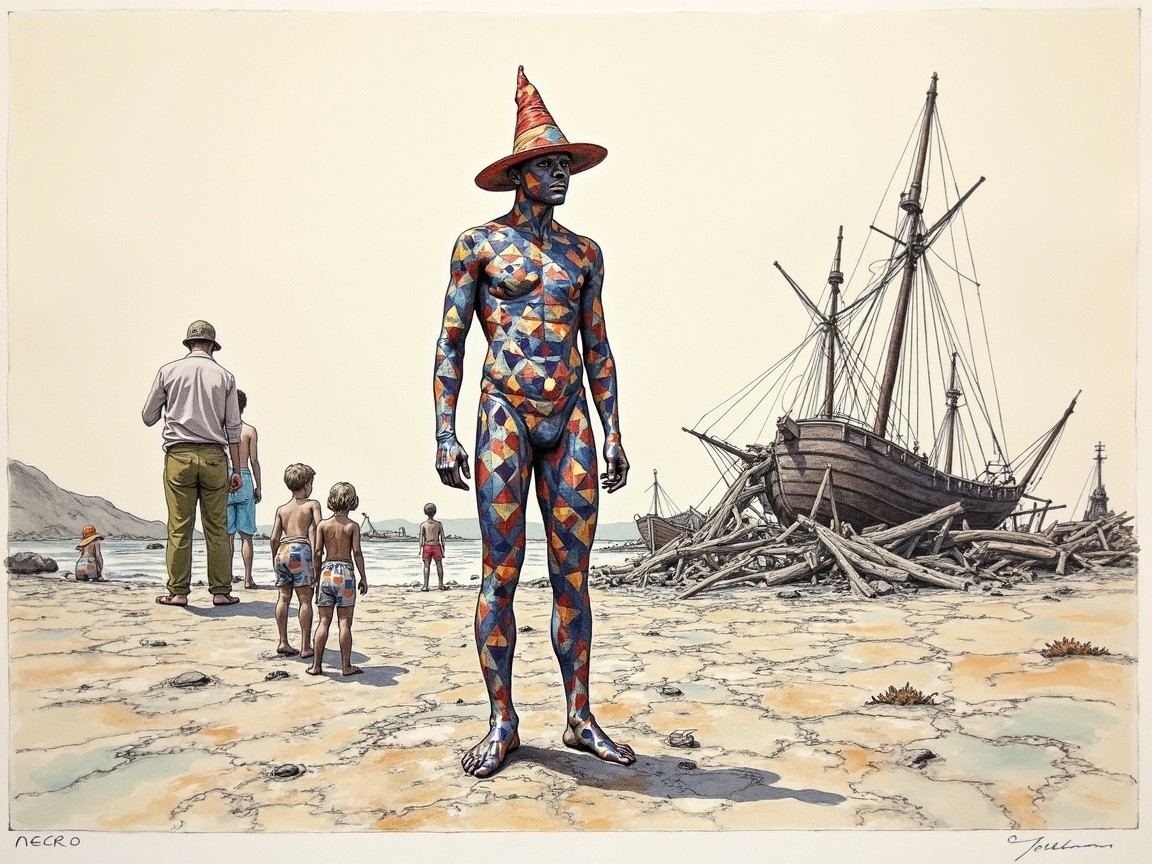 Surreal Beach Scene with Shipwreck and Colorful Figure