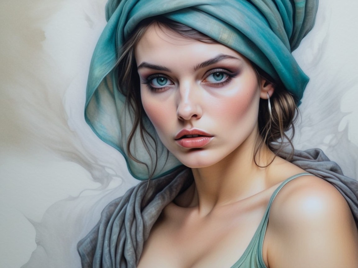 Portrait of a Young Woman with Blue Eyes and Headwrap