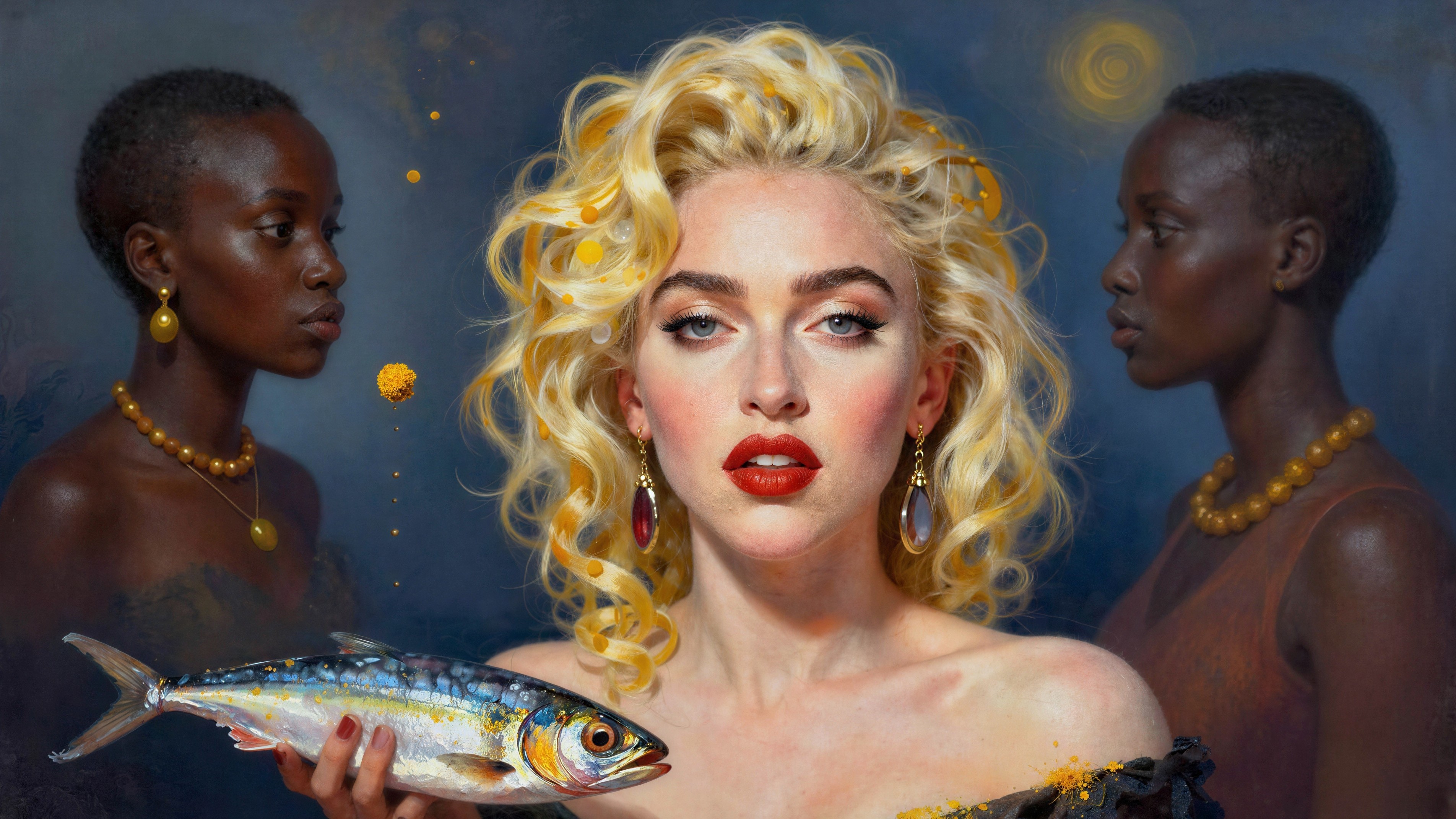 Hyperrealistic Oil Painting of Women with Fish