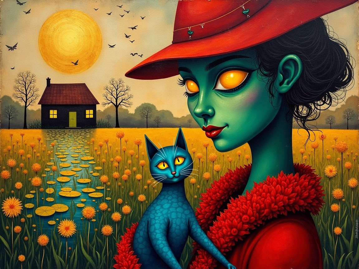 Surreal Woman with Green Skin and Vibrant Sunset Scene
