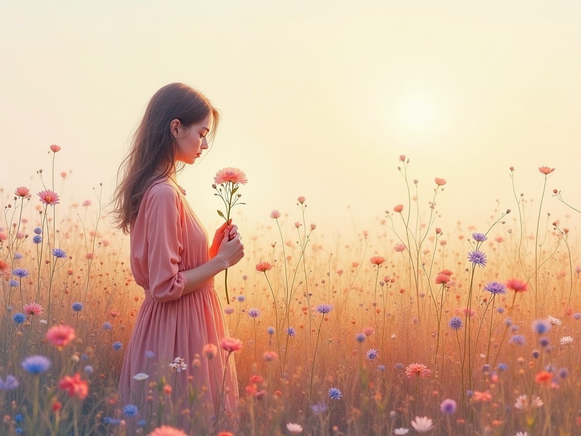 Young Woman in Flower Field at Sunset