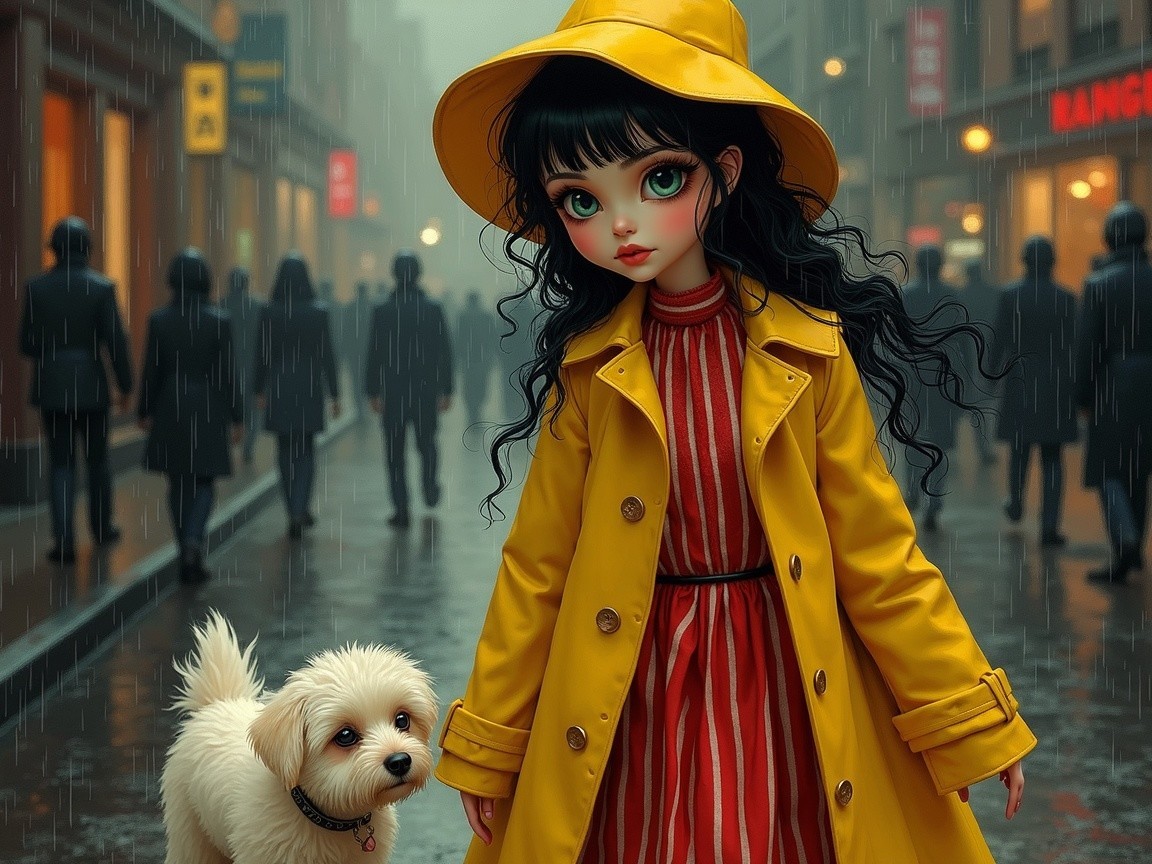 Girl in Yellow Raincoat with Dog on Rainy Street