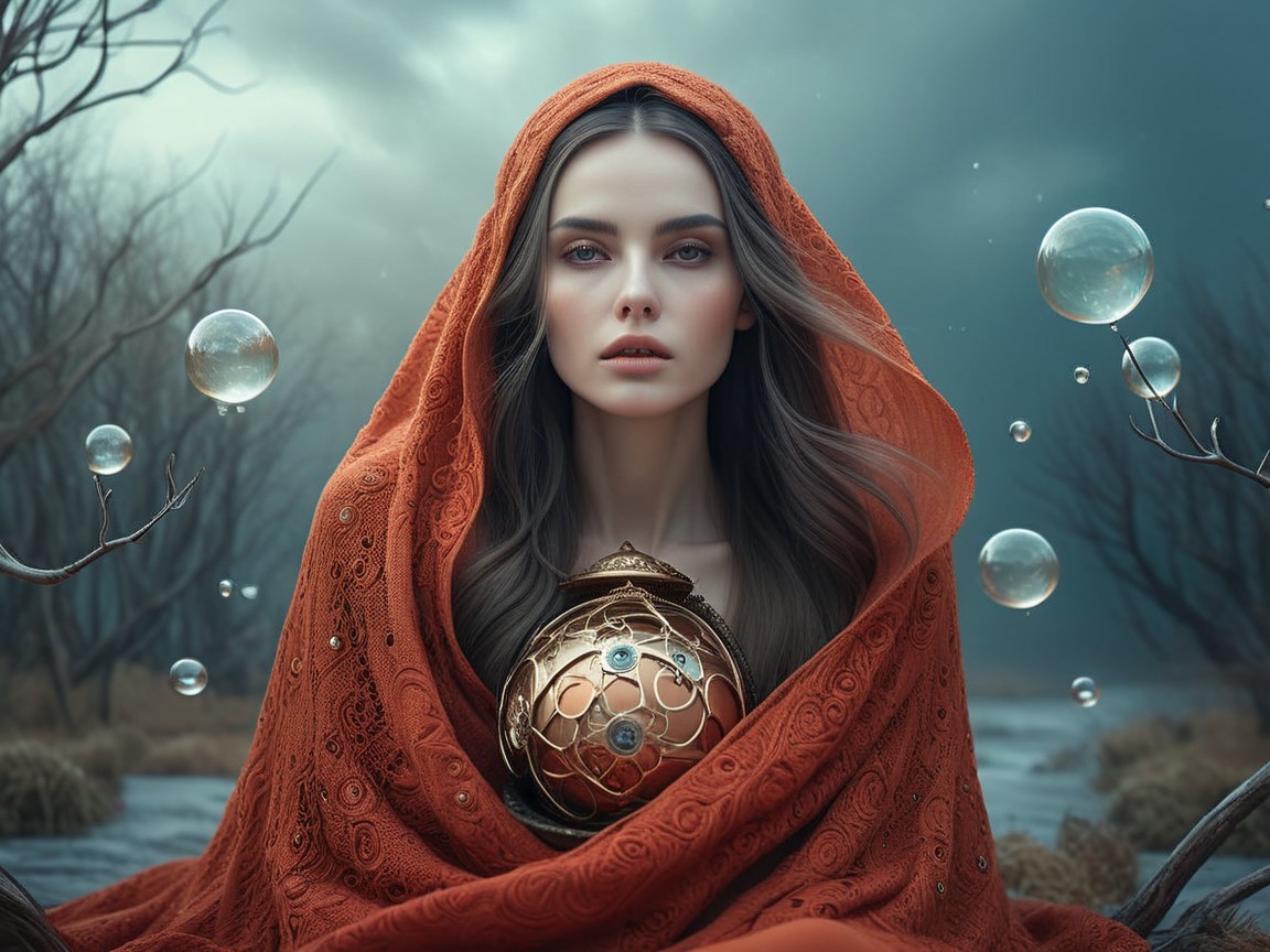 Mysterious Woman in Orange Cloak in Enchanted Landscape