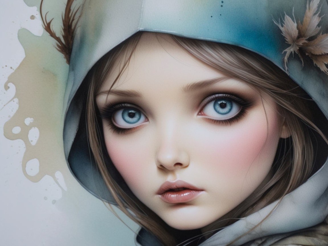 Close-up of a young girl with blue eyes and hood