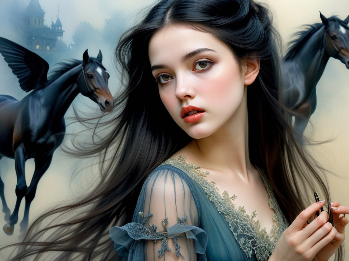 Young woman in blue dress with mystical horses and castle