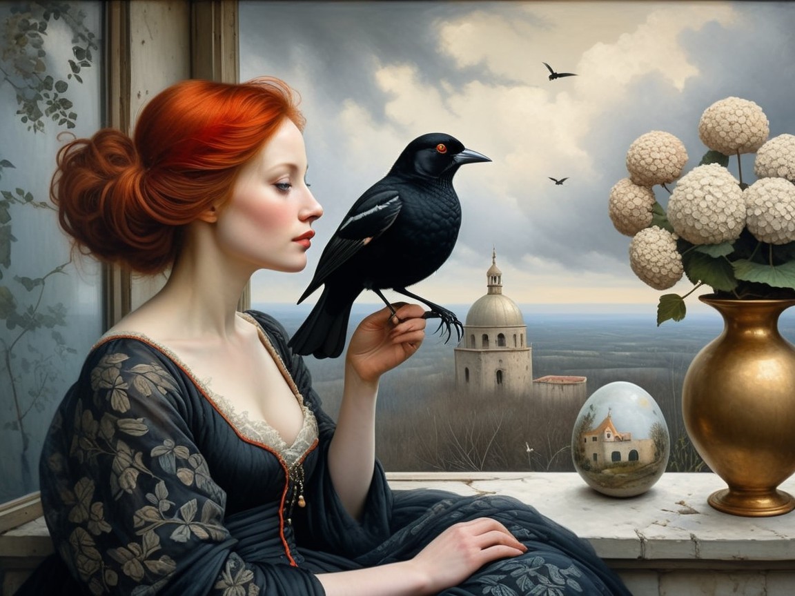 Serene Woman with Red Hair and Black Bird by Window