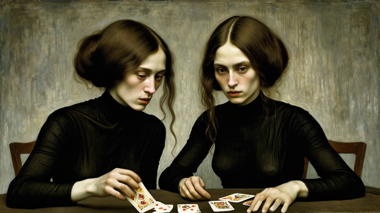 Two women engaged in a serious card game at a table