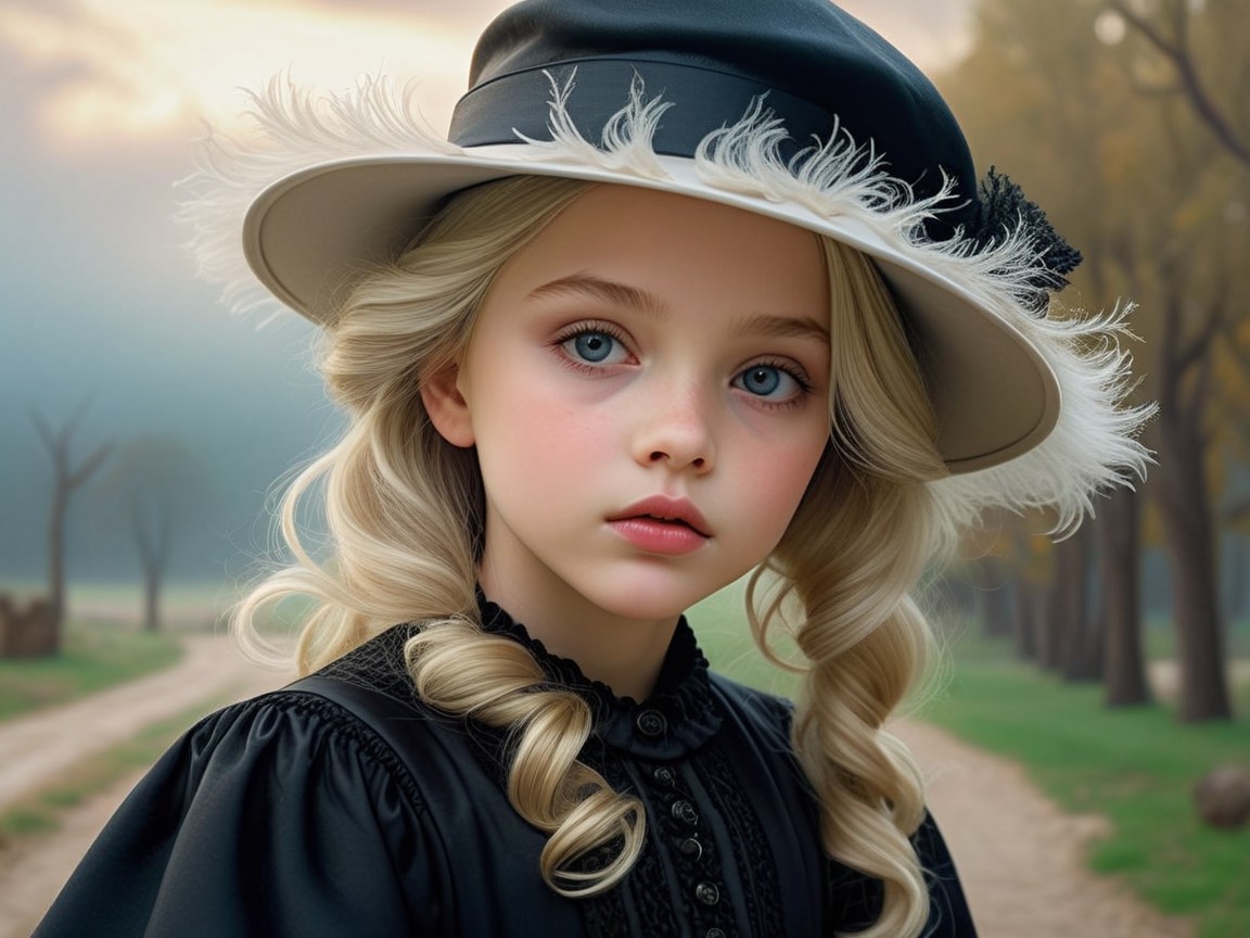 Young girl in black dress on misty tree-lined path
