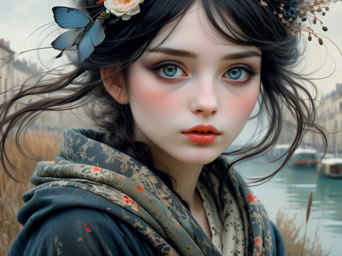 Portrait of a Young Woman with Blue Eyes and Cloak