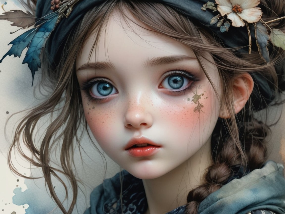 Portrait of a Young Girl with Blue Eyes and Freckles