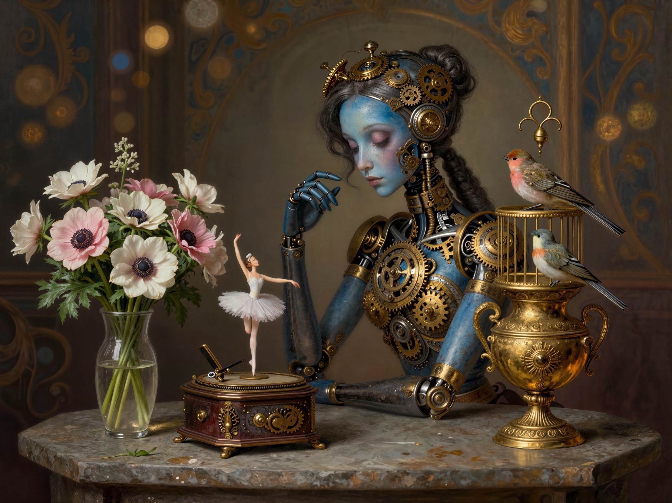 Close-Up of Steampunk Robot with Music Box and Flowers