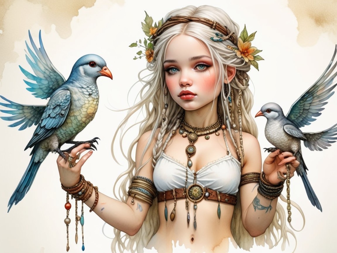 Young girl with white hair and colorful birds in nature