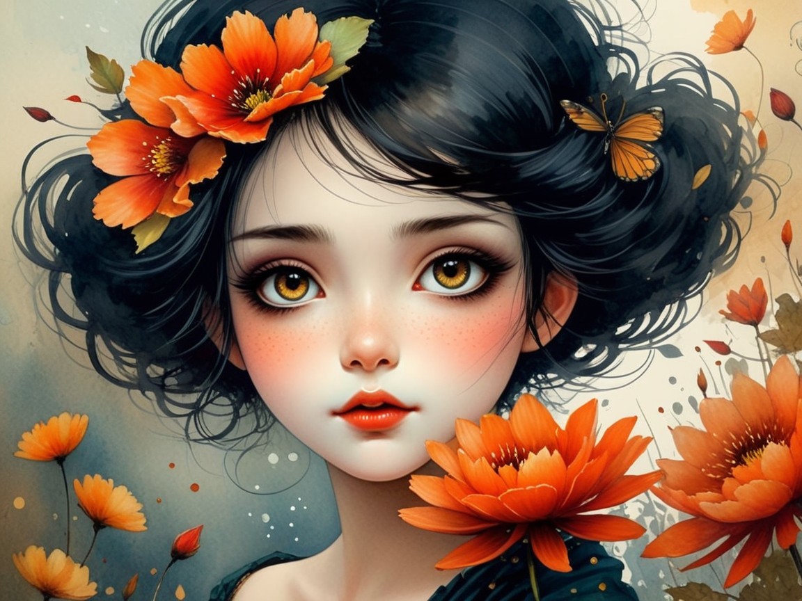 Illustration of a Young Woman with Flowers and Butterflies