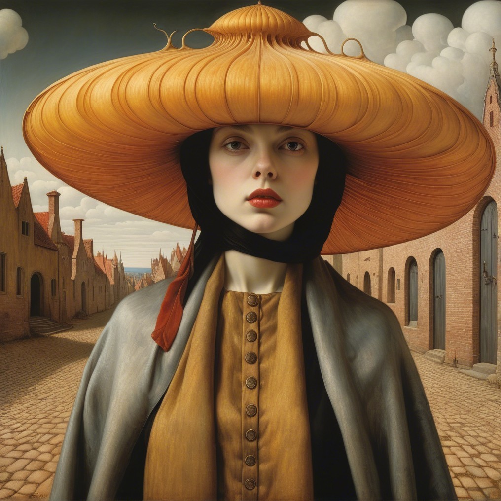 Woman in oversized orange hat on cobbled street