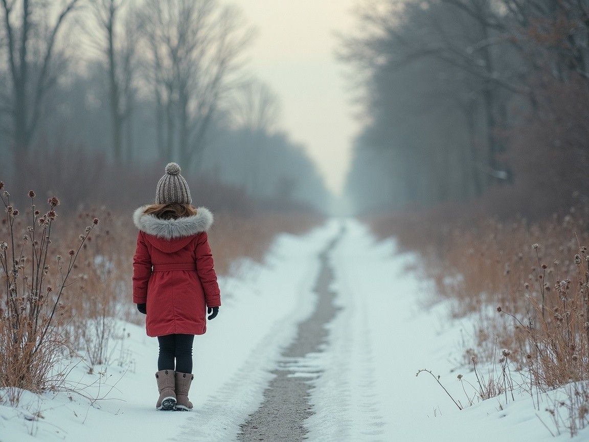 Child in red coat walking a snowy path with trees