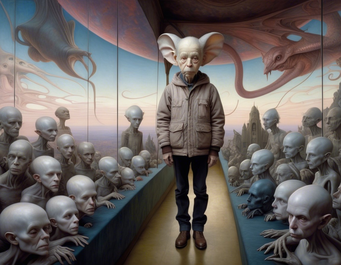 Humanoid Figure Among Alien Beings in Surreal Landscape