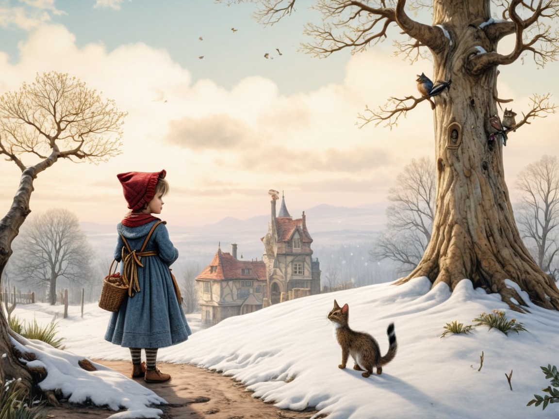 Young girl in red hood on snowy path near cottage